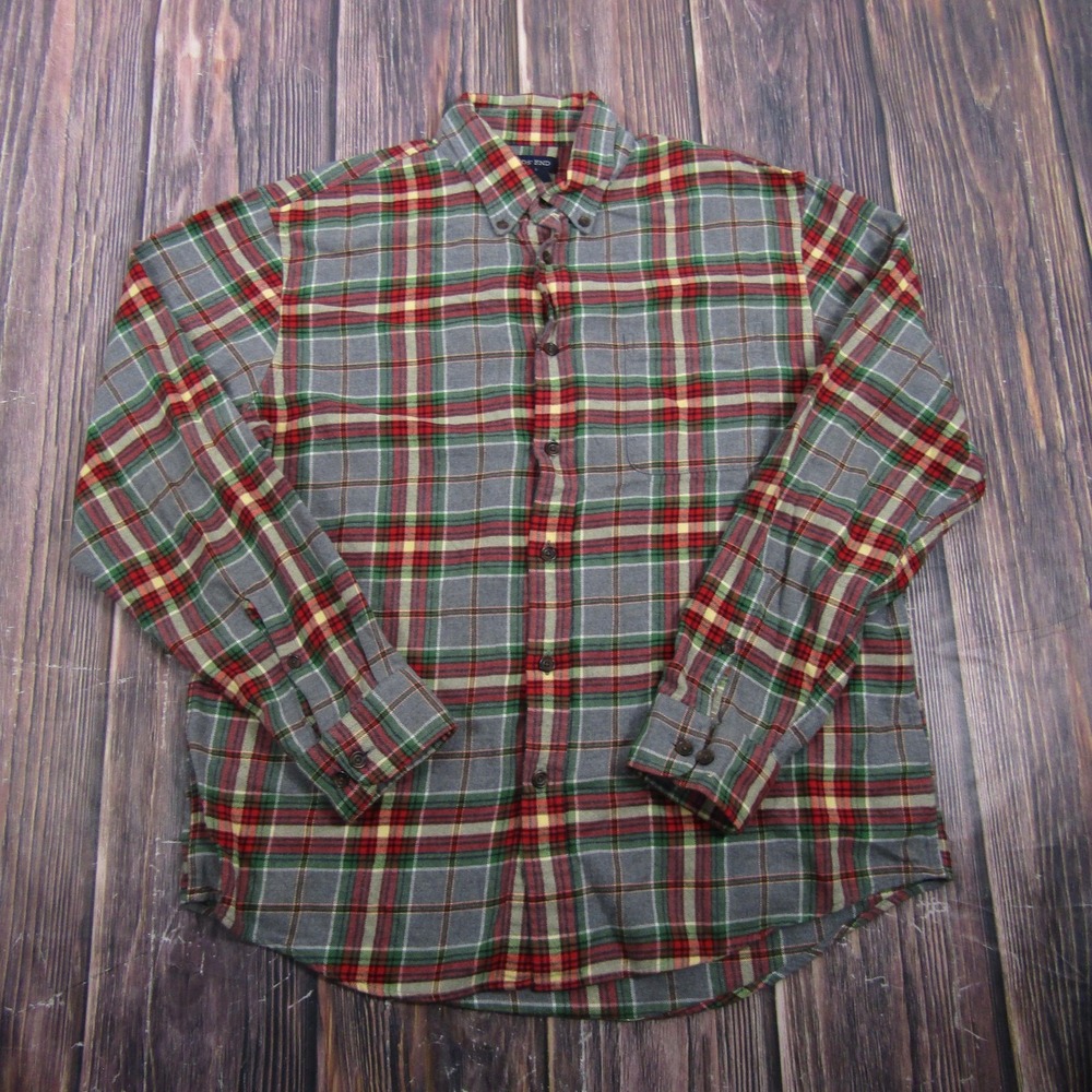 Lands' End Mens Size Large Gray Red Plaid Flannel Button Up Shirt Long Sleeve